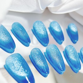 Handmade Press on Nails Medium Almond Cat Eye Fake Nails for Women's 10pcs (Light Blue, S)