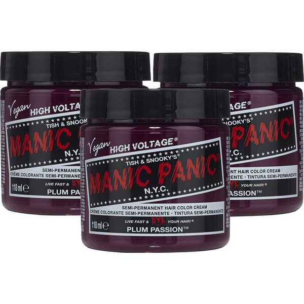 Manic Panic Plum Passion Hair Dye - Classic High Voltage - (3PK) Semi Permanent Hair Color - Purple Shade With Red Undertones - For Dark & Light Hair – Vegan, PPD & Ammonia-Free - For Coloring Hair