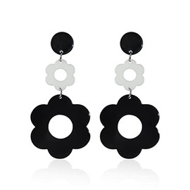 Acrylic Flower Earrings Double Daisy Drop Dangle Earrings For Women Y2k Resin Floral Earrings 60/70s Yellow White Black Flowers Earrings