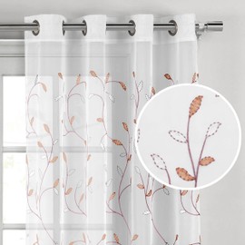 Creative Home Ideas Sheer Curtains 63 Inch Length Embroidered Floral Curtains, Extra Wide Sheer Curtain 54"x63", Decorative Leaf Curtains for Living Room, Grommet Curtain Sheers, Coral Curtains