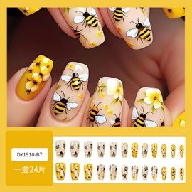 SINSEN 24Pcs Yellow Bee Press on Nails Medium Coffin Fake Nails Cute Acrylic False Nails with Spring Flowers Designs Small Floral Cover Artificial Nails for Women Girls Manicure Tips Decorations