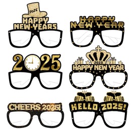 6 Pieces Happy New Year Glasses New Year's Eve Decoration 2025 Party Glasses, 2025 New Year Decoration Glitter Black Gold Paper 3D Glasses Children's Birthday Party Photo Props for New Year's Eve