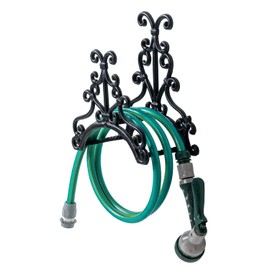 MyGift Wall Mounted Garden Hose Holder, Vintage Baroque Scrollwork Cast Iron Watering Tube Rack, Decorative Floral Pattern Hanging Hook Water Hosepipe Reel