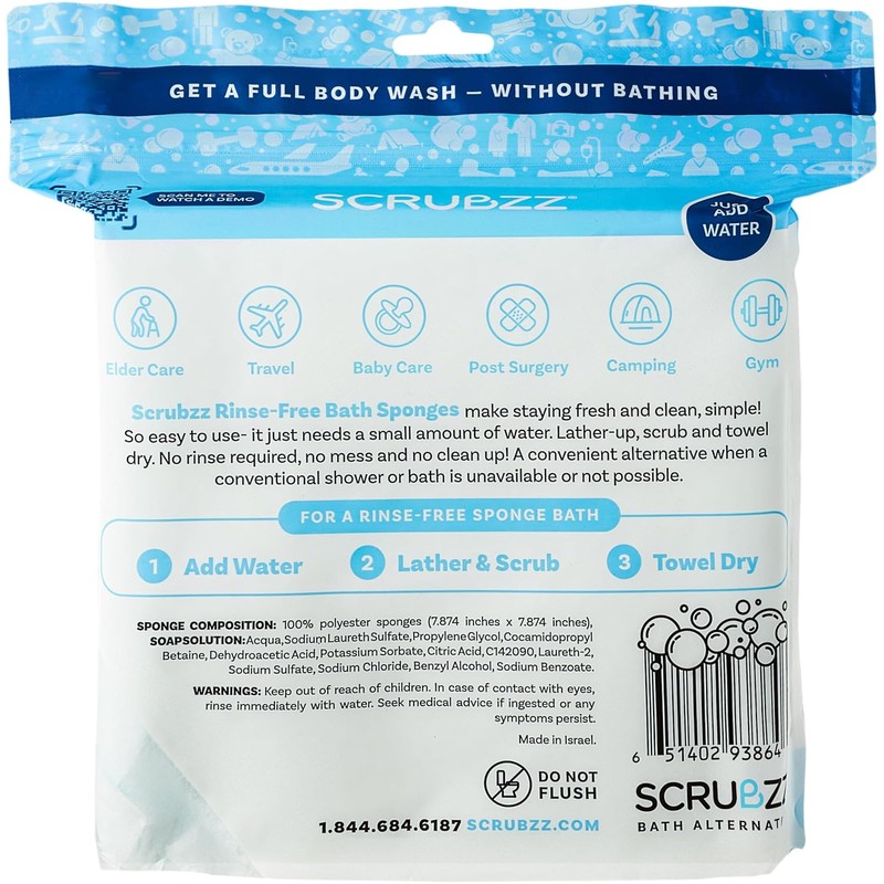 Scrubzz Disposable Rinse-Free Bathing Wipes, 25 Pack – All-in-One Single-Use