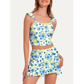 Traje de baño tankini para mujer, traje de baño de dos piezas con falda, control de abdomen, conjunto de tankini floral con cintura alta, Un floral azul., XX-Large