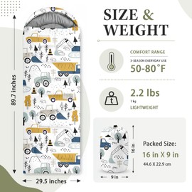 WeCozy Construction Truck Sleeping Bag for Kids, 3 Season Lightweight Waterproof Sleeping Bag for Boys with Compression Sack for Camping in Warm Cold Weather, Indoor Use and Backpacking