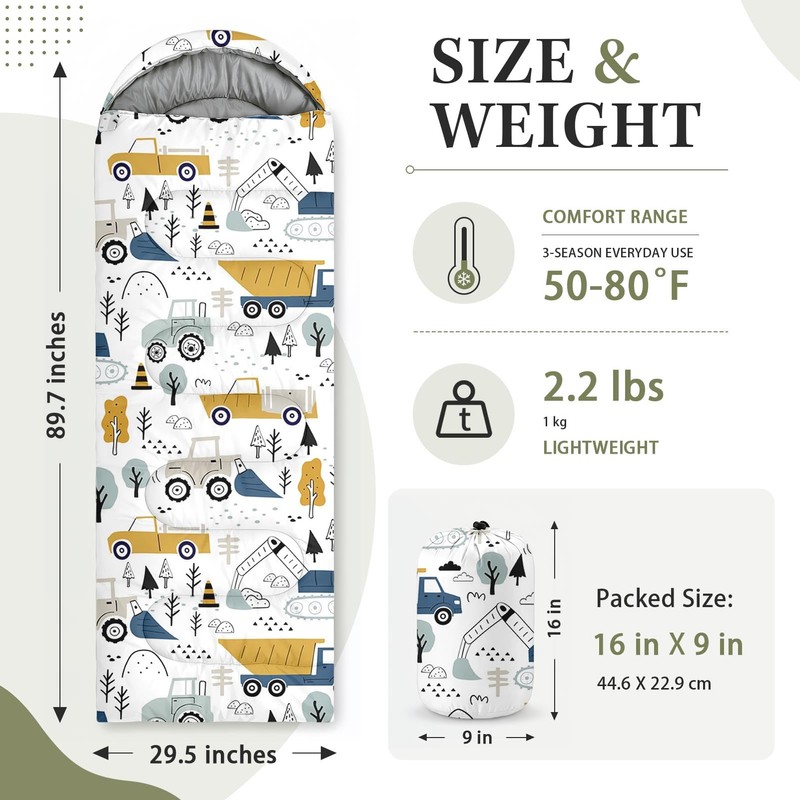 WeCozy Construction Truck Sleeping Bag for Kids, 3 Season Lightweight
