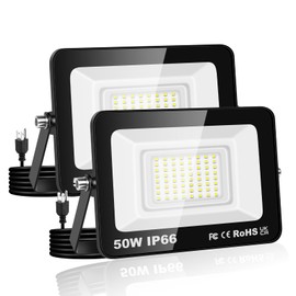 Willpower 2 Pack Flood Lights Outdoor, 50W Exterior Floodlight, IP66 Waterproof Plug in Floodlights, 5ft Cord,4000K Warm White Work Light, 5000LM Security Lights for Yard Garage Patio Stadium