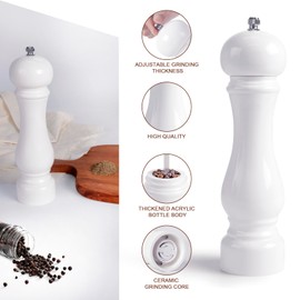 LHS Pepper Mill Grinder Salt Grinder, Arcylic Peppercorn Grinders with Adjustable Ceramic Grinding Core (8 Inch,White)
