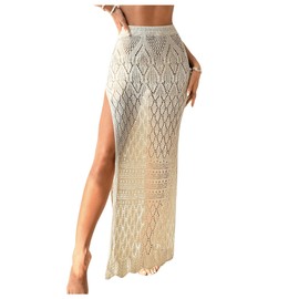 SHENHE Women's Crochet Swim Cover Up High Slit Sheer Long Beach Skirt Cover Up, Apricot, Small