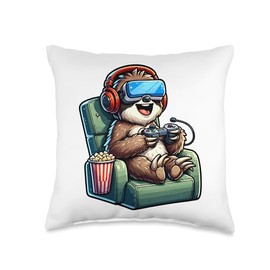 Gamer Sloth Popcorn Gaming Chair Headphones Games Player Throw Pillow