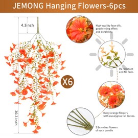 Artificial Fall Flowers for Outdoors Fake Hanging Decoration, 6Pcs Orange Autumn Decor, Realistic Artificial Fall Plants, UV & Fading Resistant Silk Flower for Porch Patio Balcony Planter Yard (Fall)