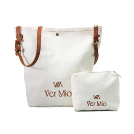 Ver Mio Women’s Canvas Tote Bag with Cosmetic Bag – White with Brown Logo and Brown Handle