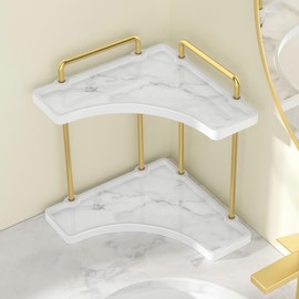 2-Tier Marble Pattern Bathroom Counter Organizer, KES Hancrafted Ceramic Corner Countertop Organizer with Marble Pattern, Vanity Skincare and Makeup Storage Tray Shelf, Polished Gold, BSC900B-PG