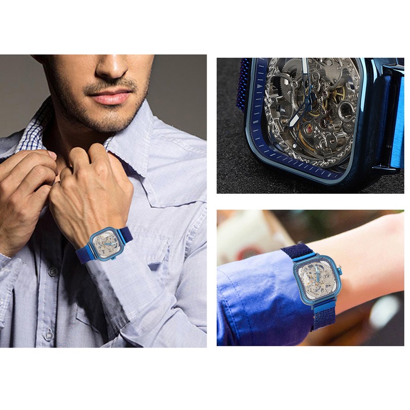 FORSINING Stainless Steel Strap Waterproof Hollow Automatic Mechanical Men WatchBlue