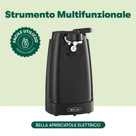 BELLA Elektrischer Dosenöffner und Messerschärfer, multifunktionaler Gläser- und Flaschenöffner mit abnehmbarem Schneidhebel und Kabelaufbewahrung, Edelstahlklinge, Schwarz
