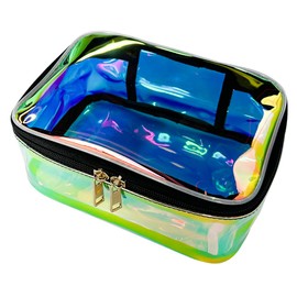 Iridescent Cosmetic Bag Travel Toiletry Bag Holographic Makeup Bag Clear Organizer Pouch Case, Blue, Cosmetic Bag