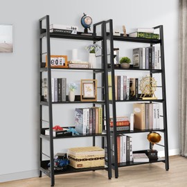 Himimi Black Ladder Bookshelf, 5 Shelf Bookcase Industrial Bookshelf Wood and Metal Bookshelves, Plant Flower Stand Rack Book Storage Shelves for Living Room, Bedroom, Home Office (2 PCS)