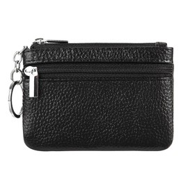 Women Genuine Leather Keychain Zipper Change Wallet Small Mini Pocket Size Coin Purse, Black