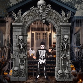 Halloween Skeleton Party Decorations Scary Tombstones Door Banner Creepy Bats Porch Signs Graveyard Photo Booth Props Backdrops for Halloween Gothic Outdoor Indoor Haunted House Decor Supplies