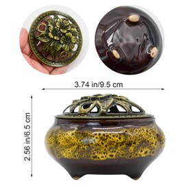 MrMrKura Ceramic Incense Burner with Lid, Incense Holder for Sticks Incense Cone Holder with Brass Incense Stick Holder for Yoga Meditation Home Decor (Fambe Yellow)