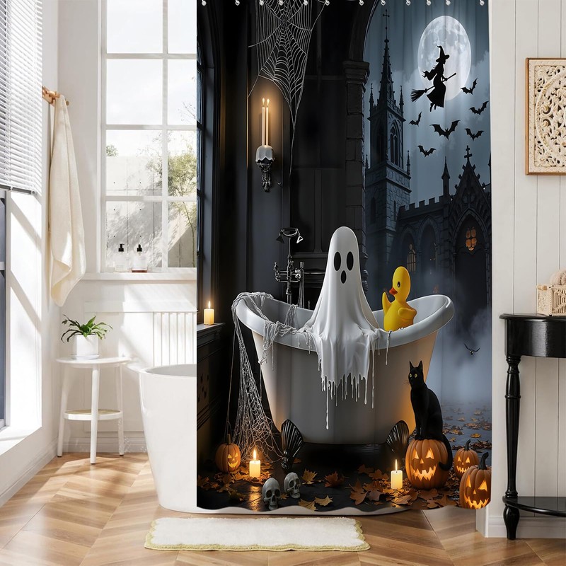 Halloween Shower Curtain,Whimsical Ghost in Bathtub with Black Cat Pumpkin