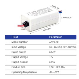 DynMach APV-8-12 8W 12V 0.67A High Efficiency LED Power Supply - Compact and Waterproof for LED Applications