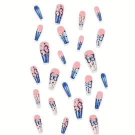 24Pcs French Coffin Press on Nails Medium Spring Fake Nails with Flower Butterfly Designs Glossy False Nails Blue Acrylic Artificial Nail Tips Glue on Nails Full Cover Stick on Nails for Women Girls