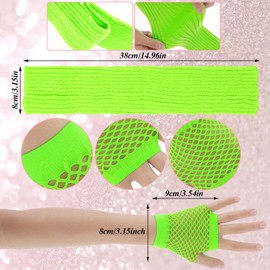 Yolev 2 Pairs Fishnet Gloves Fingerless Mesh Gloves for Women 80s Short Fish Net Gloves Retro Neon Leg Warmers Fancy Dress Costume Accessories Neon Colors 80s Neon Party Accessories Fluorescent Green