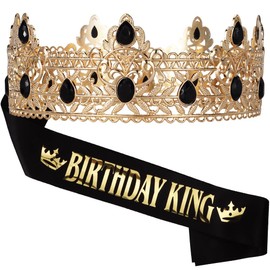Ｎｏｏｎｈｏｒｓｅ Birthday King Sash Crown & Tiara for Men Birthday Party Decorations Accessories Set for Boy Prince, Black and Gold 2PCS