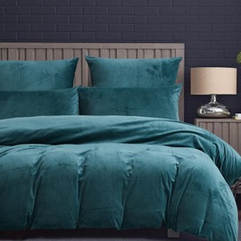 YASMENG Crystal Velvet Queen Duvet Cover Set Peacock Blue, Soft Warm Flannel Comforter Cover Queen Size for Fall Winter Spring, 3 Pieces Luxury Fluffy Silky Velour Bedding Duvet Cover 90" x 90"