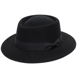 Mens Flat Top Porkpie Hat Blower Hats -Black Wool Hat with Band(S-M)