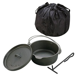 Captain Stag UG-3048 Camping Barbecue Dutch Oven Set, Iron Casting, 9.8 inches (25 cm), Lid Lifter and Storage Bag, No Seasoning Required