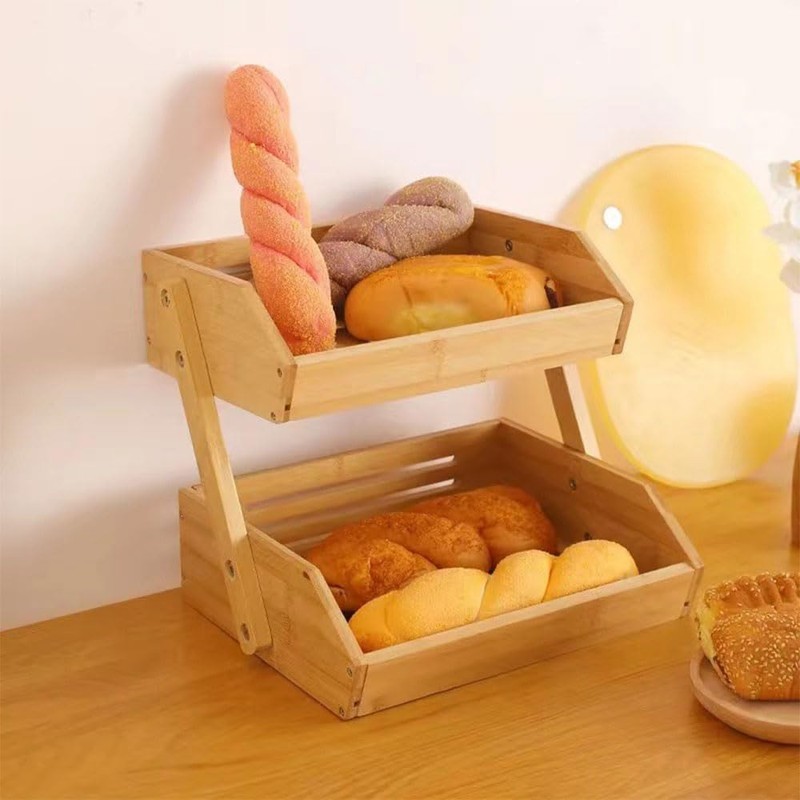 FUKWUNTO Fruit Basket Bamboo 3 layer drainage rack, Double-layer Assembled