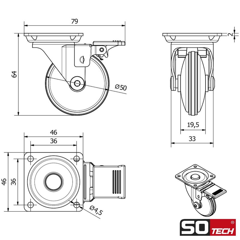 SOTECH Lindau Furniture Castors Diameter 50 mm Silver Grey/Black 2