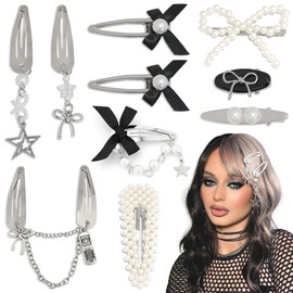 Arocooy Silver Hair Clips Snap Hair Bows Pendant Star Clips Pearl Hair Barrettes Black Y2K Baroque Hair Accessories for Women and Girls