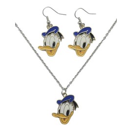 Donald Cartoon Duck Character Face Charm Pendant Necklace And Earrings Set