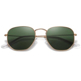 MEETSUN Polarized Hexagon Sunglasses for Women Men Polygon Small Square Sun Glasses UV400 Protection Metal Frame Gold Frame-Dark Green Lens