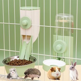 Hanging Rabbit Automatic Food Feeder with 30oz Bowl and 500ml Water Dispenser Bunny Gravity Feeding Station Waterer Set Hanging Self-Dispensing Feeder for Cages,Ferret,Guinea Pigs Chinchillas Hedgehog