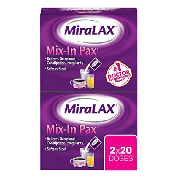 MiraLAX Gentle Constipation Relief Laxative Powder, Stool Softener with PEG 3350, No Harsh Side Effects, #1 Physician Recommended, Single Dose Mix-In Pax, Travel Pack, 40 Dose