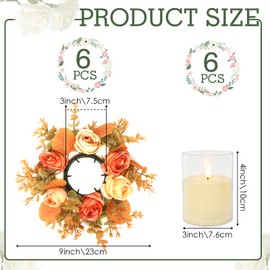 Autumn Rose Candle Rings with Flameless Candles Sets - 12PCS Fall-Themed Artificial Flower Eucalyptus Wedding Centerpiece 3 Inch Pillar Candleholders Wreaths for Wedding Party Decor (6 Set) (Orange)