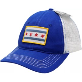 Peerless Embroidery Chicago Flag Hat Trucker Mesh Adjustable Gold Border Royal/White