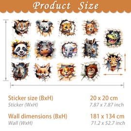3D Jungle Animals Wall Decals, Large Peel & Stick Safari Giraffe Elephant Lion Tiger Forest Animal Stickers for Baby Boy Girl Kids Nursery Bedroom Playroom Classroom Kindergarten Decor