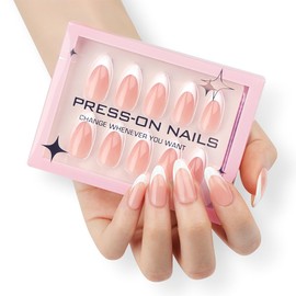 30Pcs French Tip Press on Nails Short Almond Fake Nails Nude Pink Acrylic Nails Glue on Nails Cute White French Nail Tips Full Cover Artificial False Nails for Women Girls DIY Manicure Accessories