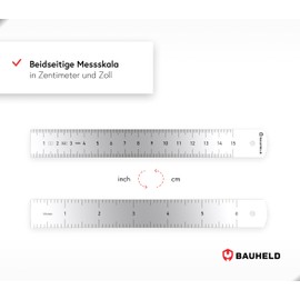 BAUHELD® Steel Ruler 150 mm [EG-1] - Steel Ruler with Measuring Scale in Inches and CM [Made in Germany] - Robust Metal Ruler Made of Rustproof Stainless Steel - 15 cm Linial with Practical Hanging