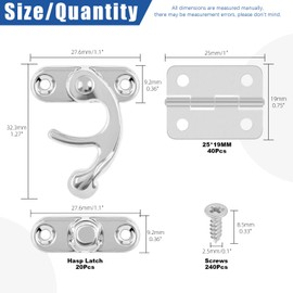 Glarks 20 Sets Antique Right Latch Hook Hasp Horn Lock Metal Swing Lock Clasp and 40Pcs Small Box Hinges with Replacement Screws for DIY Wood Jewelry Box Decoration (Silver)