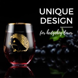 Onebttl Hedgehog Gifts for Women/Men, 17oz Stemless Wine Glass with Cute Hedgehog Pattern, Gifts for Birthdays, Hedgehog Gifts for Hedgehog Lovers, Gold