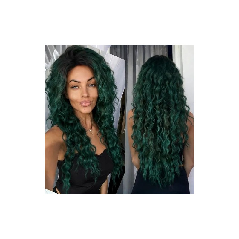 GNIMEGIL Long Curly Wigs for Women Deep Emerald Green Ombre