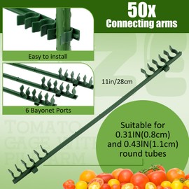 Threehoney 50 Pcs Stake Arms for Tomato Cage, 11 Inches Expandable Trellis Connectors with 6 Buckles Tomato Cage Trellis Connector for Tomato Cage, Climbing Plants Attach 11mm Diameter Plant Stake