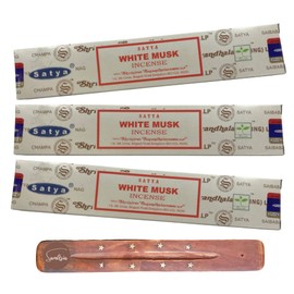 Satya Nag Champa White Musk Incense Sticks | x3 pack | with SAMASIA incense sticks holder | Used for Aromatherapy, Spa, Yoga, Weddings, Meditation, Healing, Positivity and Relaxation